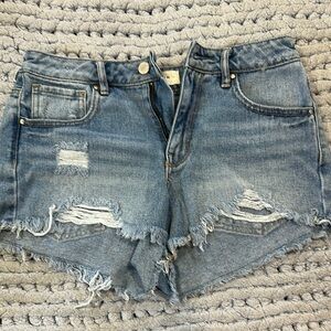 PacSun Blue Jean high rise festival Shorts Distressed Raw Hem